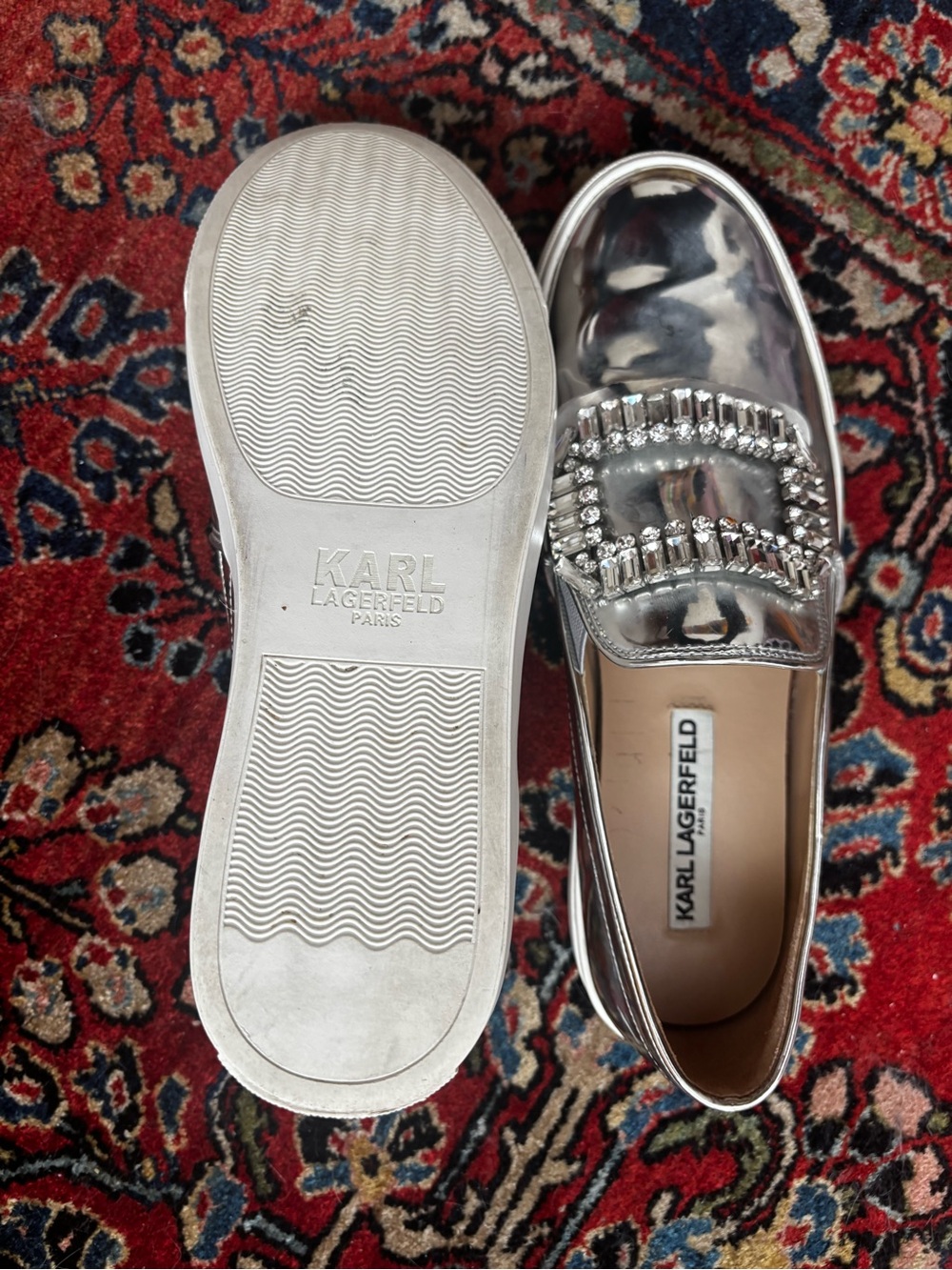 Karl Lagerfeld Silver Crystal-Embellished Slip-On Loafers 8 -39B.  made in Italy - Picture 7 of 8